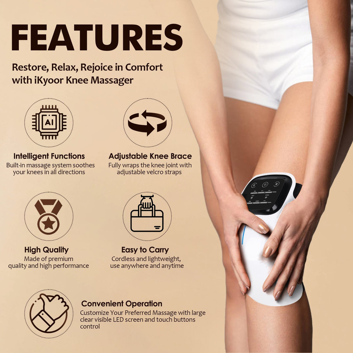 iKyoor Wireless Knee Massager with Heat Vibration Massage LED Screen Infrared Wellness Support